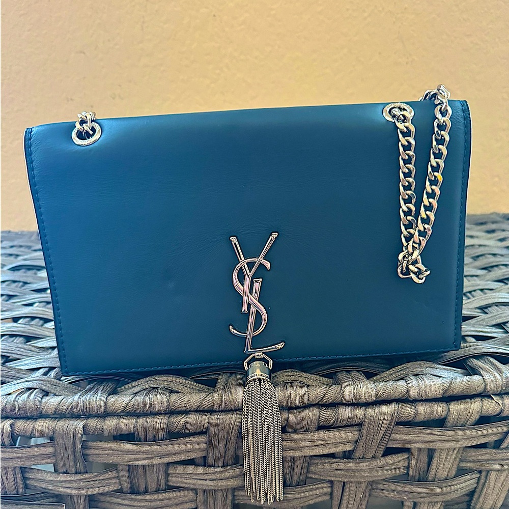 Saint Laurent Satin Small Classic Monogram Kate Tassel Satchel Navy Blue
